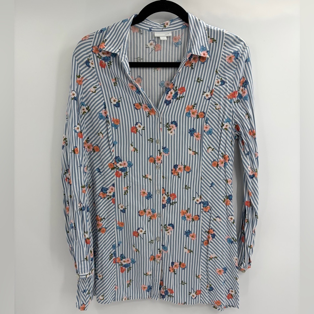 J. Jill Floral Striped Top with blue Pink floral Accents button up blouse medium